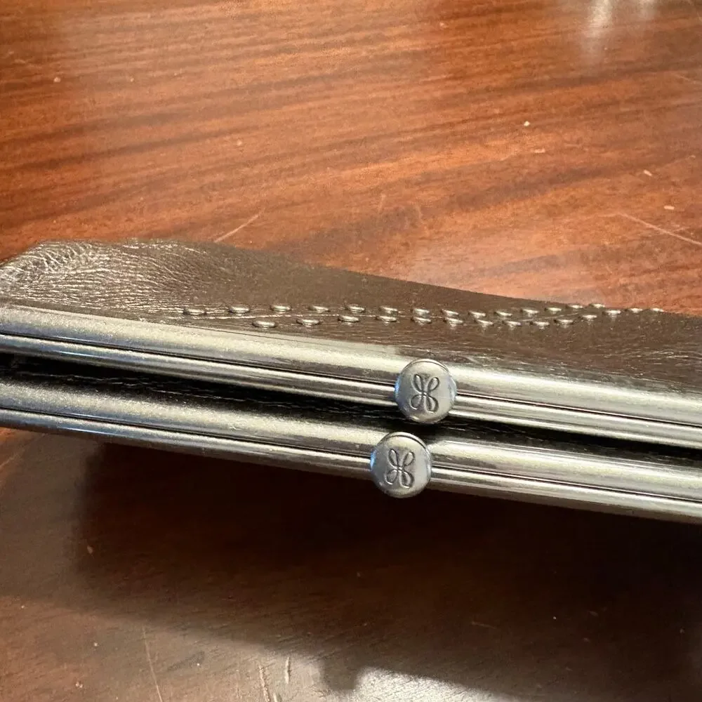 HOBO Lauren Leather Clutch Wallet Pewter Gray Metallic Double Kiss Lock Studded